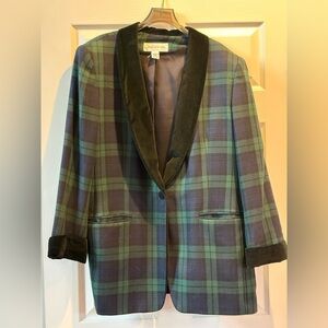 Tartan Classic Wool Blazer Green & Navy with Black Velvet Trim Made in USA Sz18W